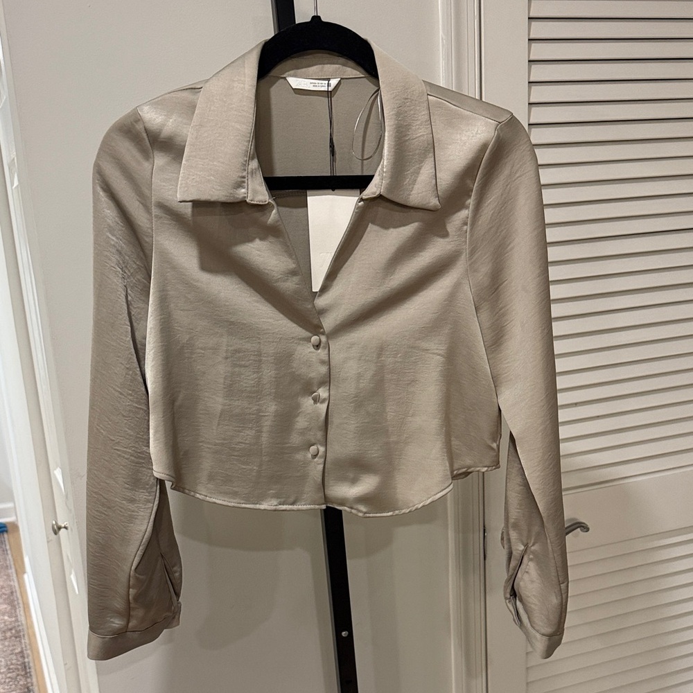 Zara Satin-Look Cropped Button-Down Shirt in Grey